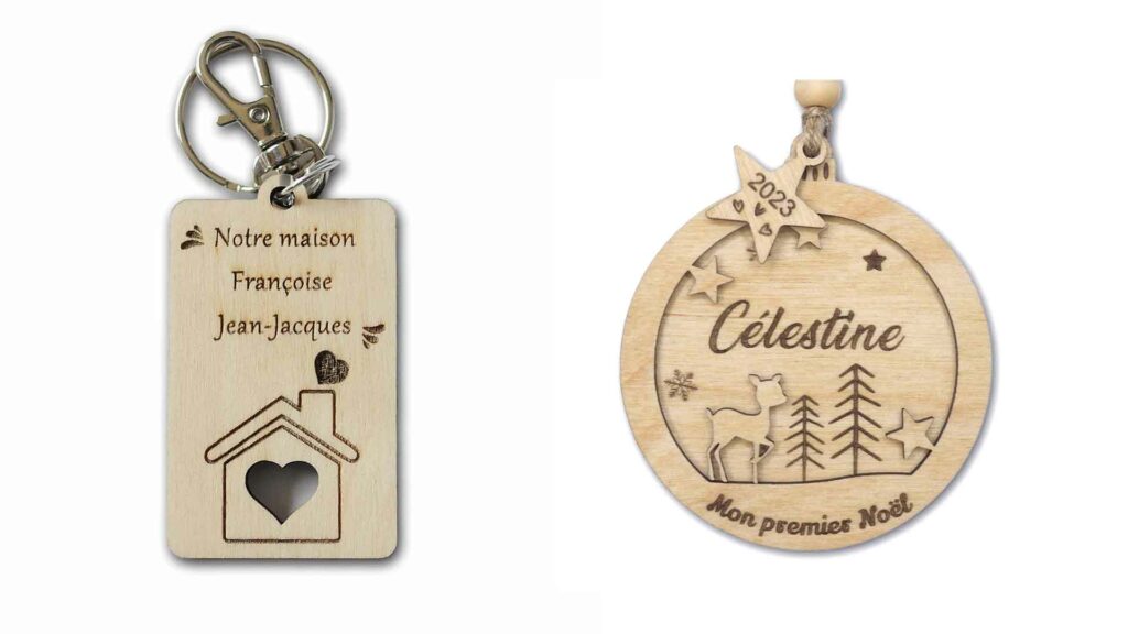 Gravure sur bois d'un porte-clés et objet de décoration de Noël